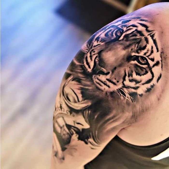Beautiful Tiger Composition Tattoo On Shoulder Cap & Arm