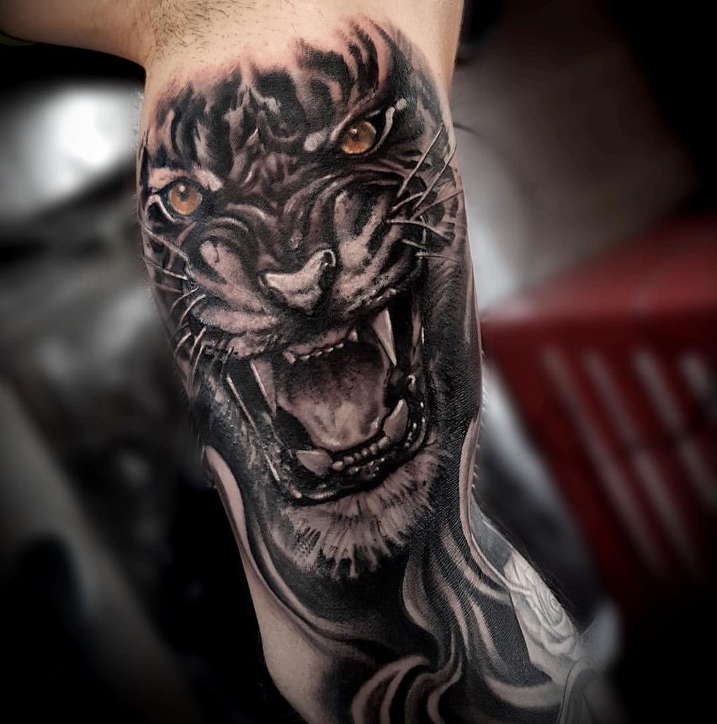 Black Dark Tiger Tattoo On Sleeve By nsanenl