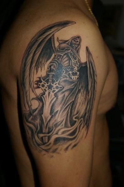 Black & Grey Angel Of Death With Sword Tattoo On Half Sleeve
