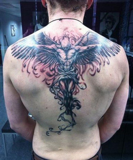 Black & Grey Flying Angel Of Death Tattoo On Back