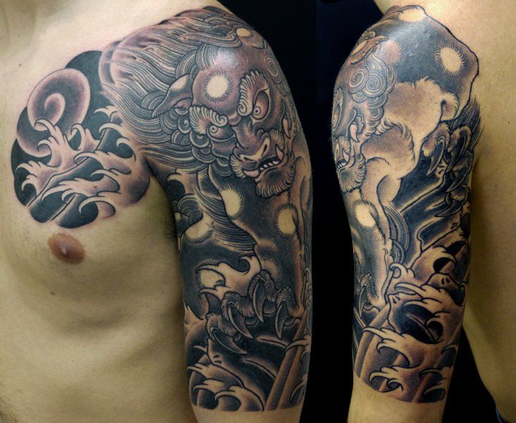 Black & Grey Japanese Lion Tattoo On Chest & Half Sleeve
