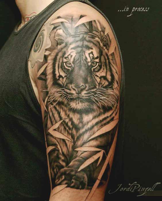 Black & Grey Realistic Tiger Tattoo On Half Sleeve Design For Men By Jordi Pinzell