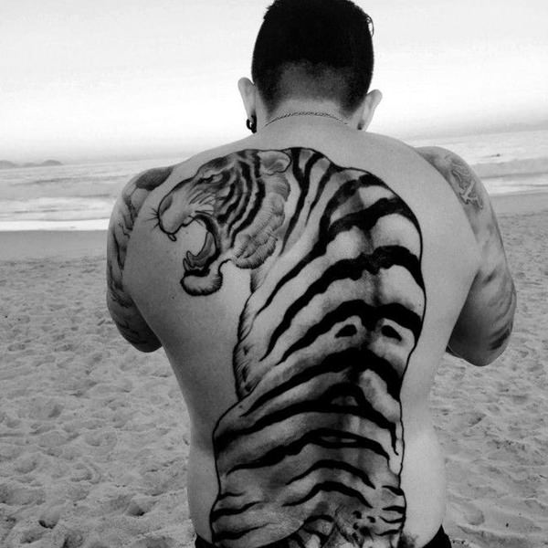 Black & Grey Tiger Tattoo On Full Back For Men