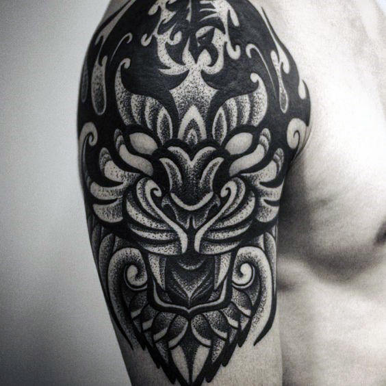 Black Ink Traditional Tiger Tattoo On Half Sleeve