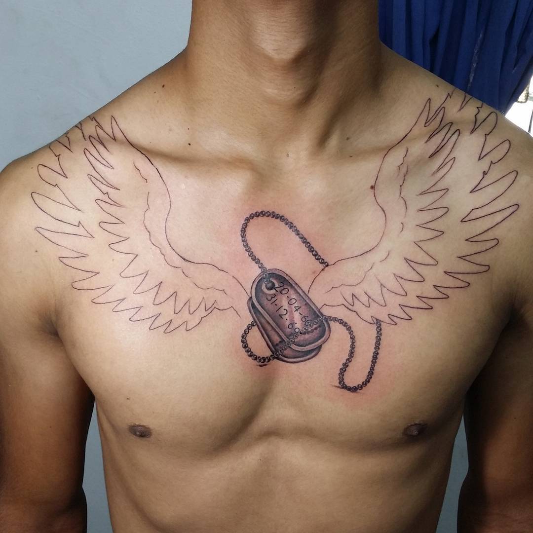 Black Outline Angel Wings With Locket Chain Tattoo Idea For Men