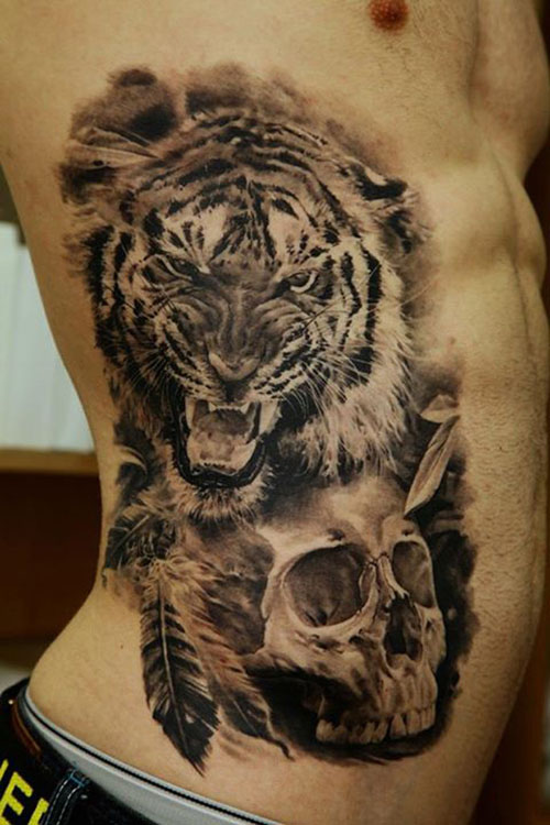 Blacl & Grey Tiger & Skull Tattoo On Side Body