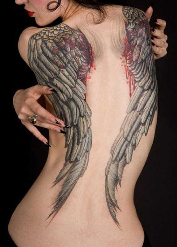 Blooded Angel Wings Tattoo On Girl’s Full Back