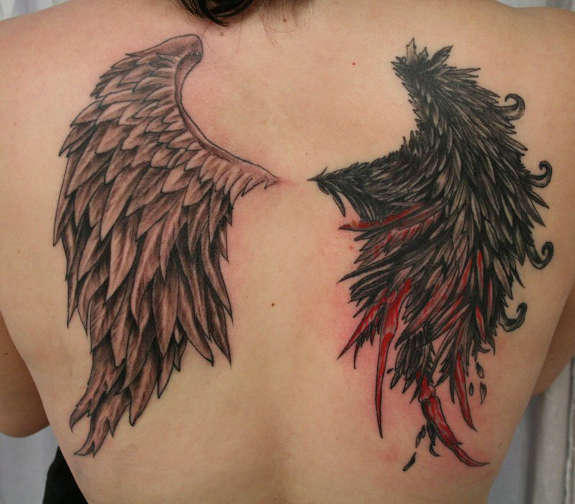Blooded Devil & Angel Wings Combination Tattoo On Back