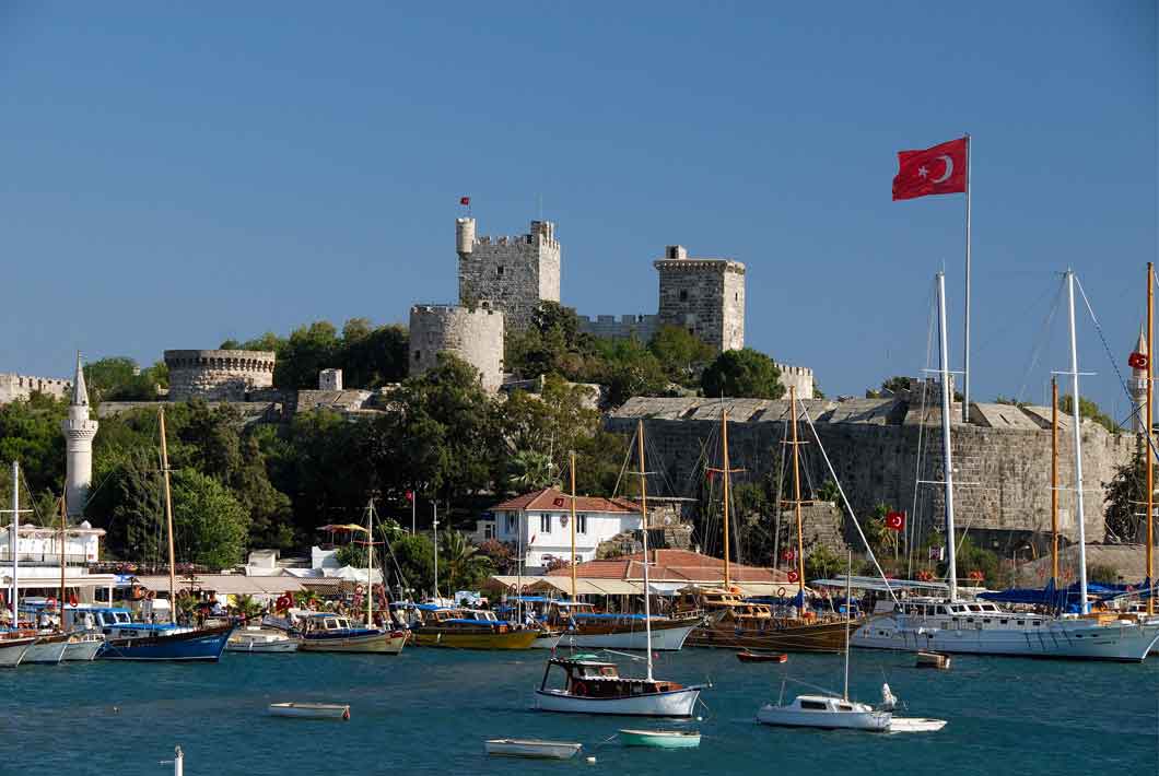 Boats And Bodrum Castle With Turkey Flag