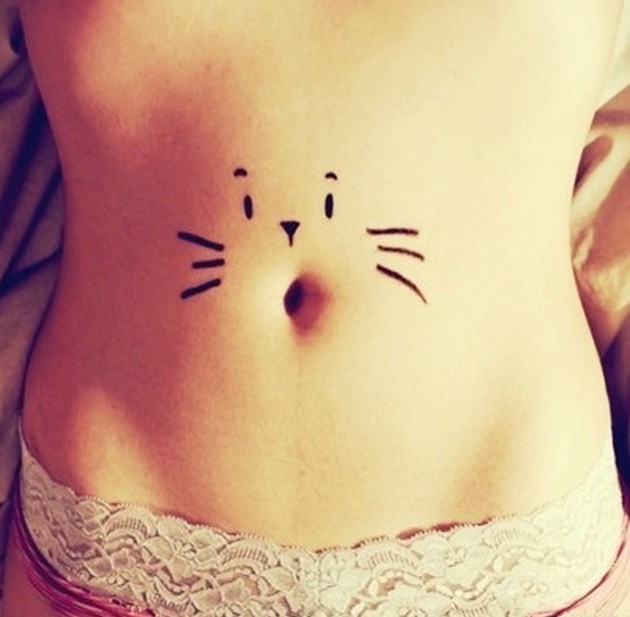 Cat Face On Navel Funny Tattoo
