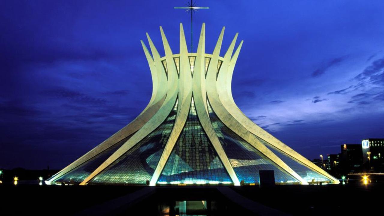 Brazil, Brasilia, Catedral Metropolitana Nossa Senhora Aparecida cathedral by architect Oscar Niemeyer