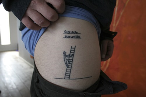 Climbing Stairs Funny Tattoo On THigh