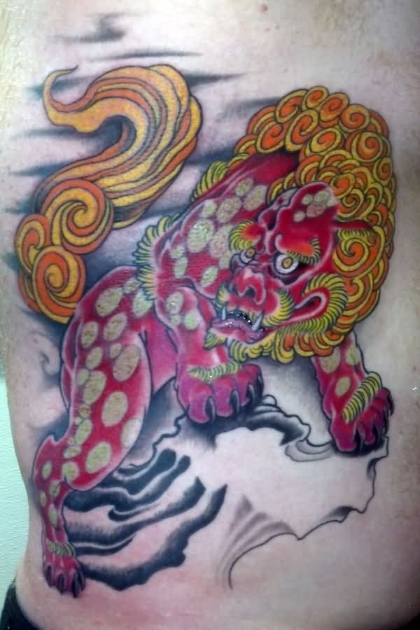 Colorful Japanese Lion Tattoo on Side Body