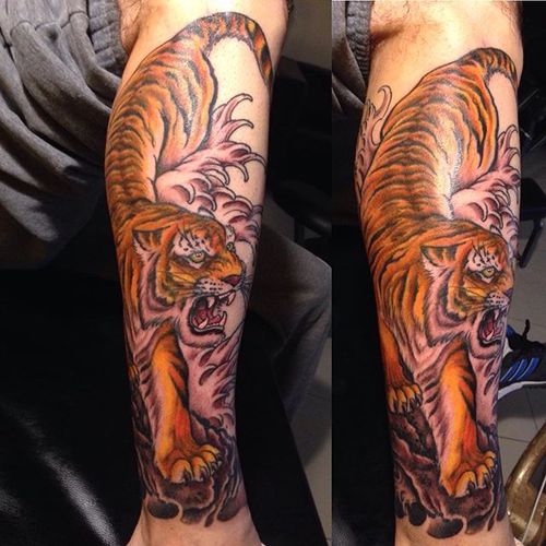 Colorful Roaring Tiger Tattoo On Arm
