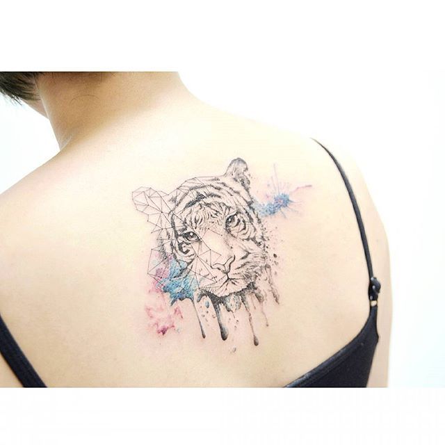 Cool Geometric Colorful Tiger Tattoo On Back For Girls