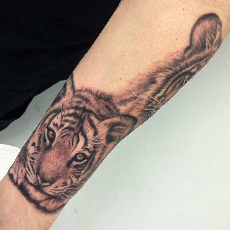 Cool Grey Realistic Tiger Tattoo On Wrist