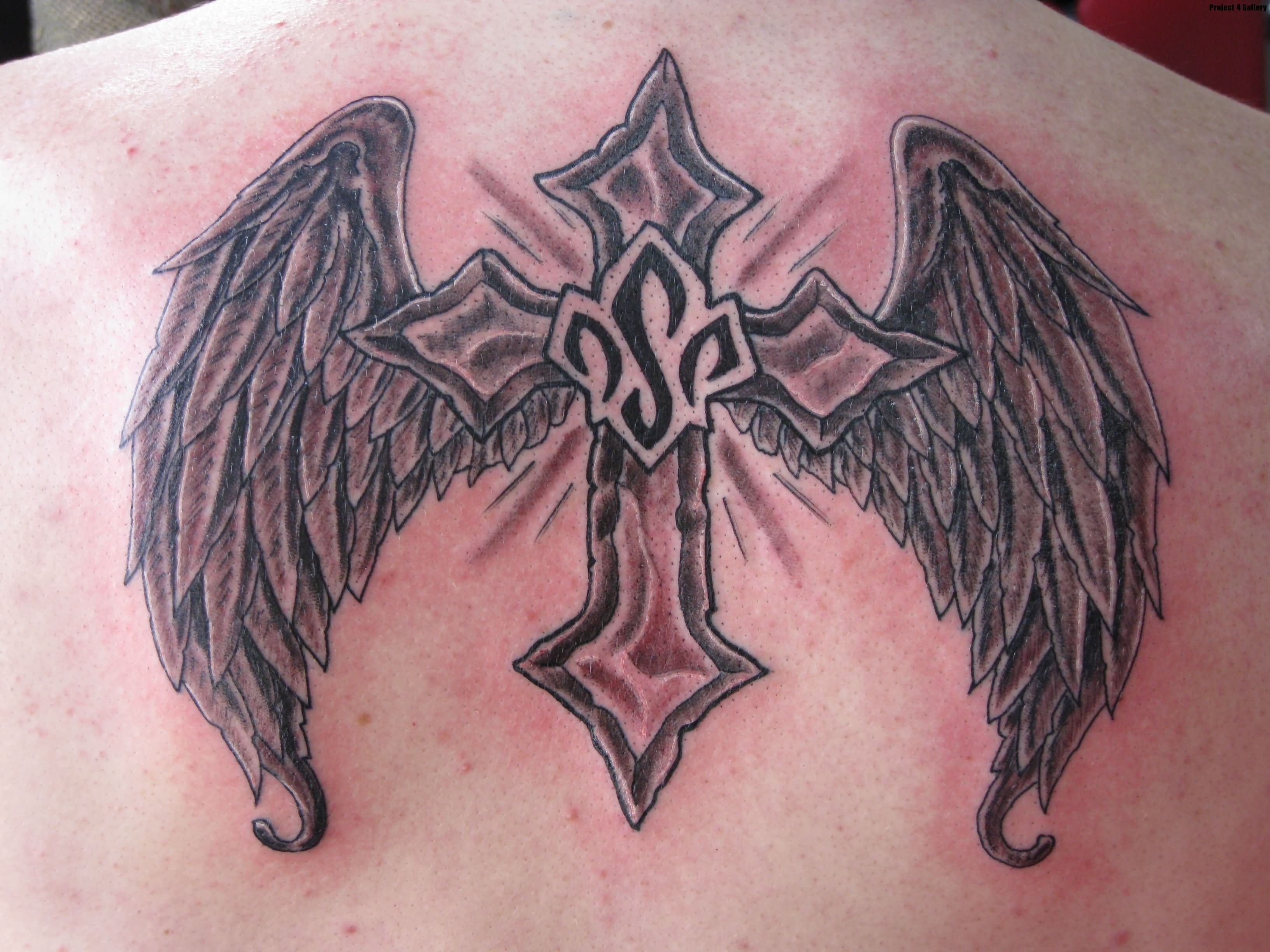 Cross With Angel Wings Tattoo On Back