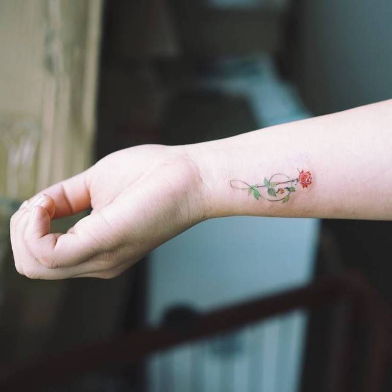 Cute Colorful Small Rose Tattoo on Wrist