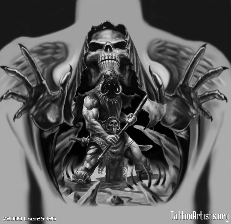Dangerous Scary Dark Grey Angel Of Death Tattoo Design For Back