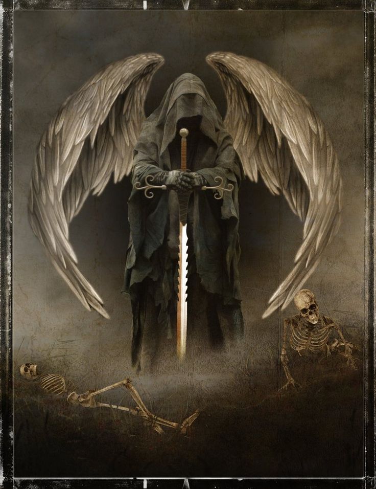 Dark Angel Of Death With White Wings & Sword Tattoo Design