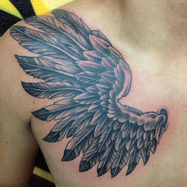 Dark Angel Wing Tattoo On Man Chest
