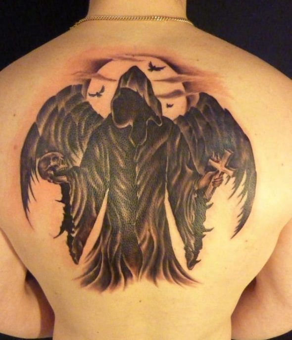 Dark Black Ink Angel Of Death With Skull & Cross Tattoo On Full Back