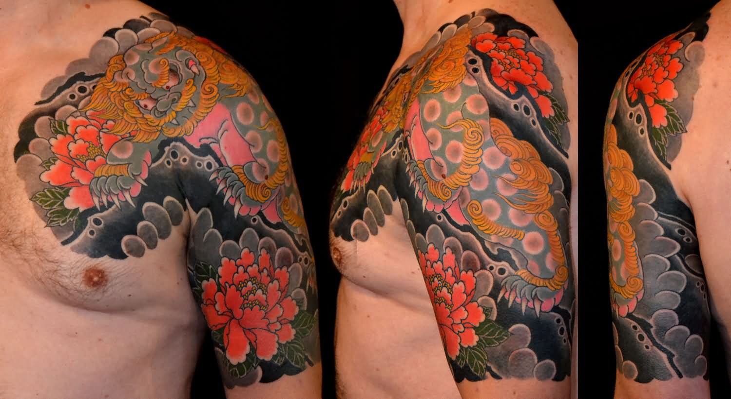 Dark Colorful Japanese Lion Tattoo On Left Chest & Half Sleeve
