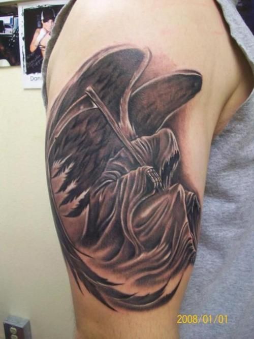 Dark Gray Angel Of Death Tattoo On Half Sleeve