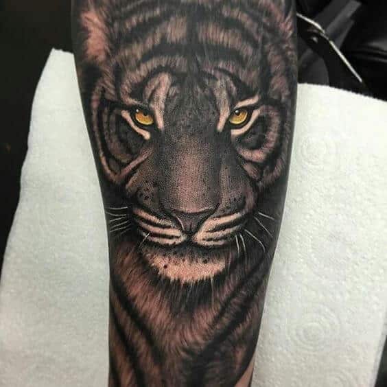 Dark Grey Amazing Tiger Tattoo On Arm
