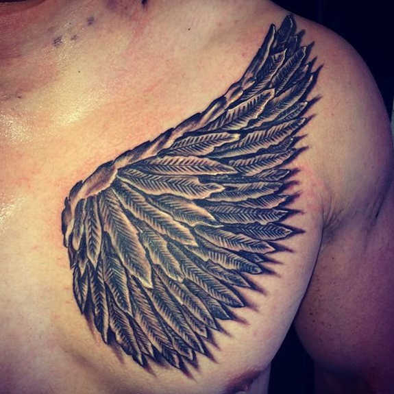 Dark Grey Angel Wing Tattoo Design For Men Chest
