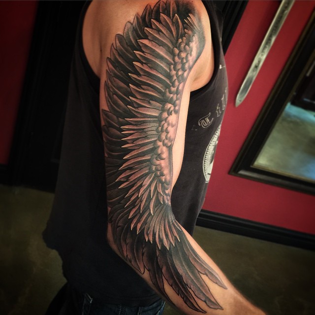 Dark Grey Angel Wing Tattoo Design On Sleeve For Men