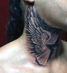 Dark Grey Angel Wing Tattoo On Neck For Men
