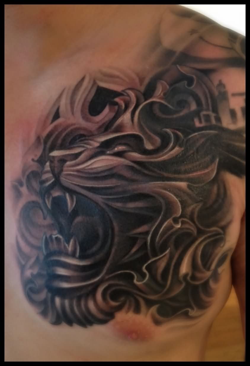 Dark Grey Japanese Lion Tattoo On Left Side Of Chest