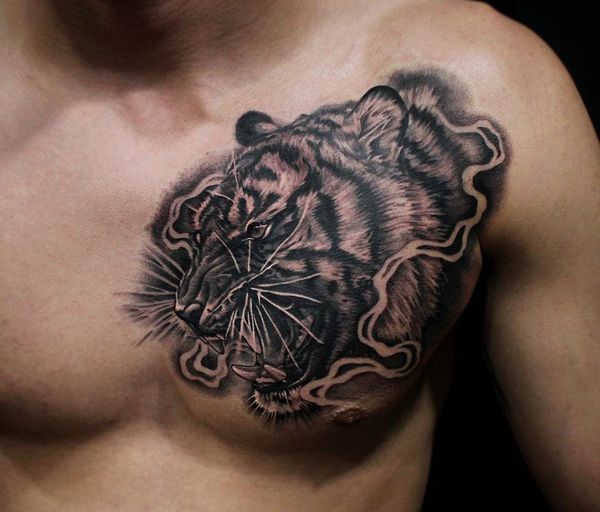 Dark Grey Roaring Tiger Chest Tattoo For Men