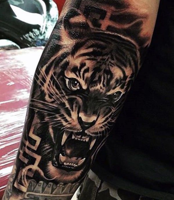 Dark Grey Roaring Tiger Tattoo On Arm