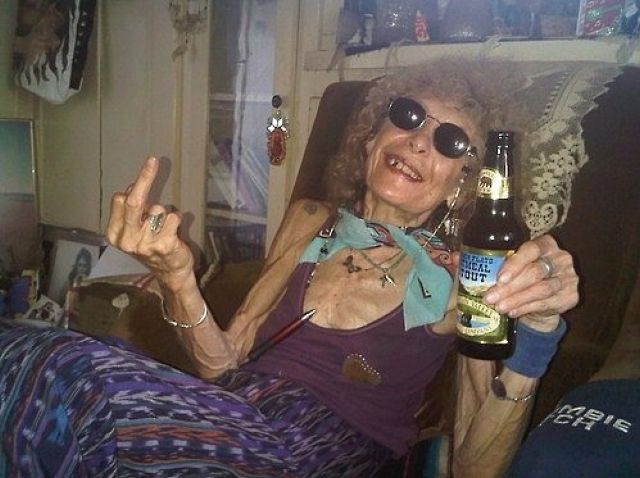 Drunken Old Woman Showing Middle Finger Funny Picture