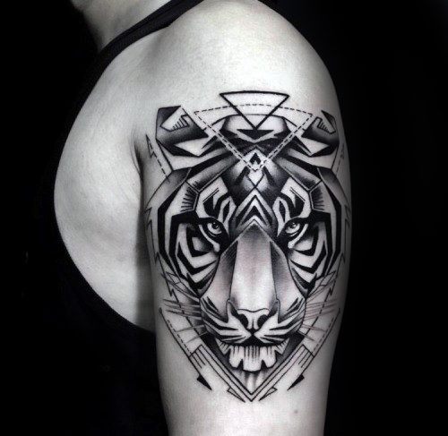 Excellent Geometical Designed Tiger Tattoo On Half Sleeve