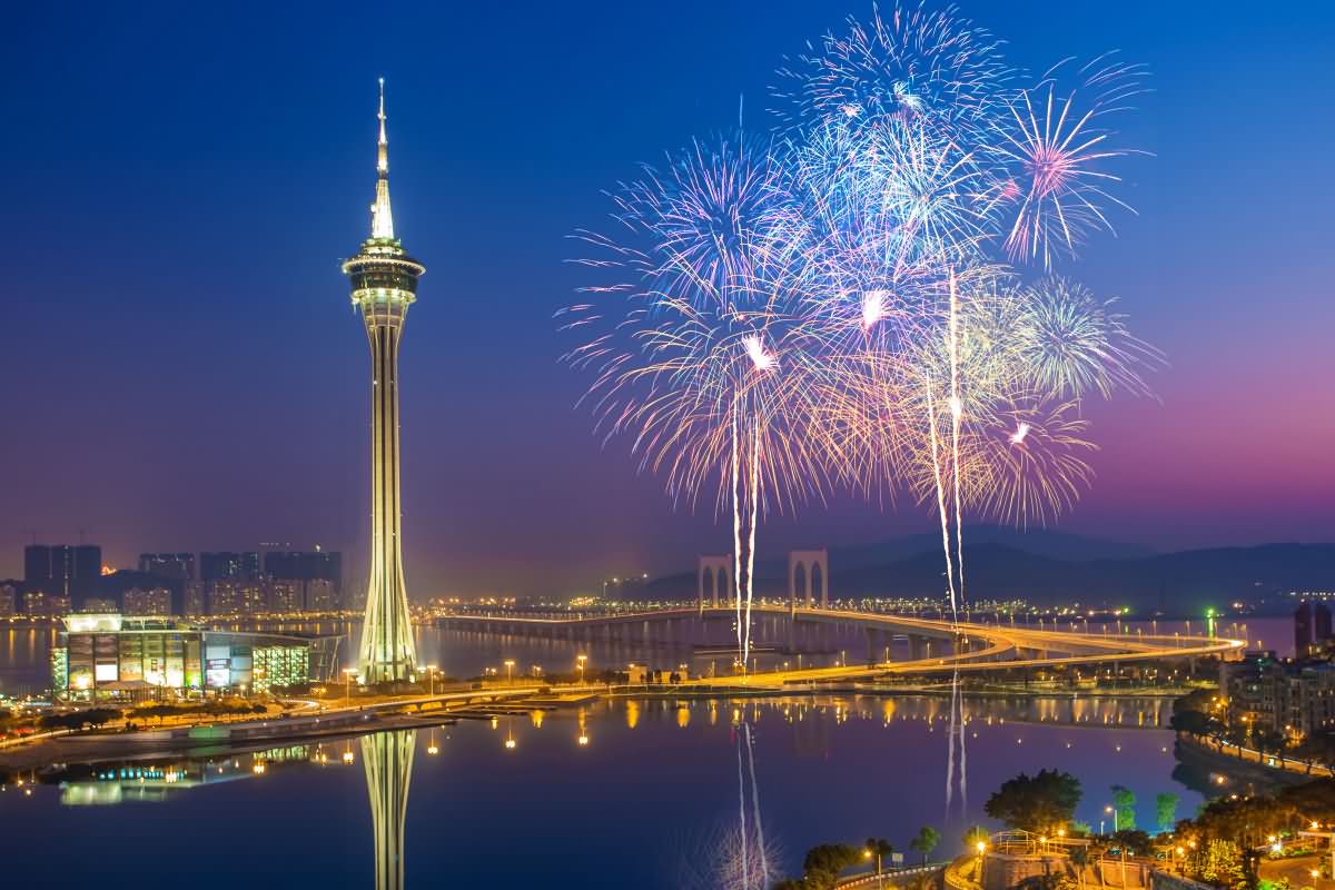 Fireworks Around The Macau Tower At Night