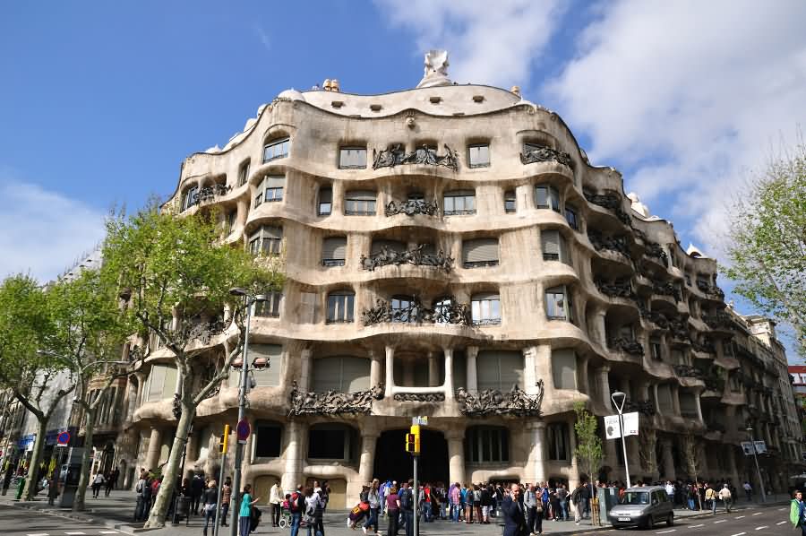 Front Facade View Of The La Pedrera In Barcelona