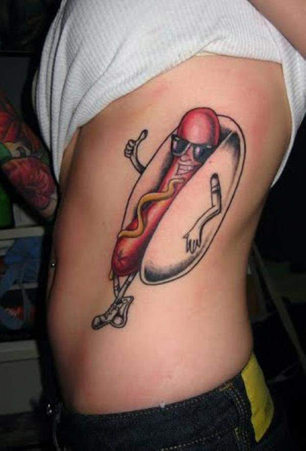 Funny Hot Dog Tattoo On Side Rib