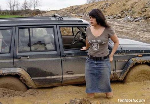 Funny Woman Driver Stuck In Mud