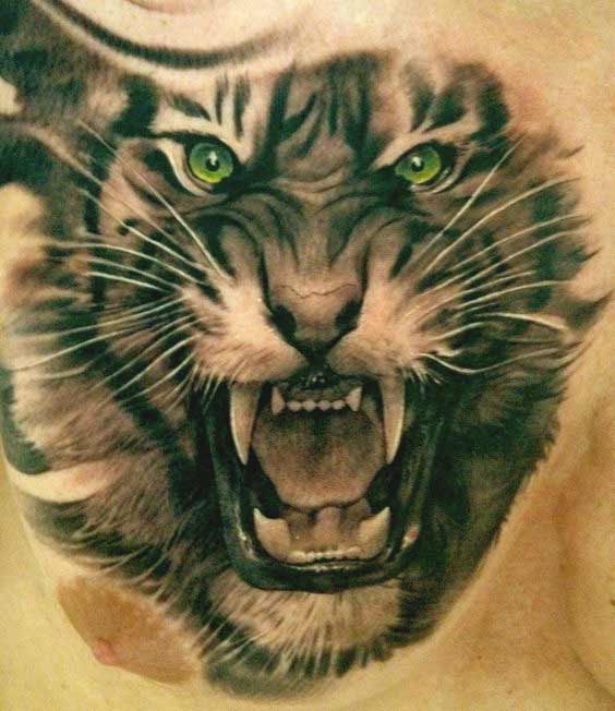 Green Eyed Realistic Roaring Tiger Tattoo On Chest