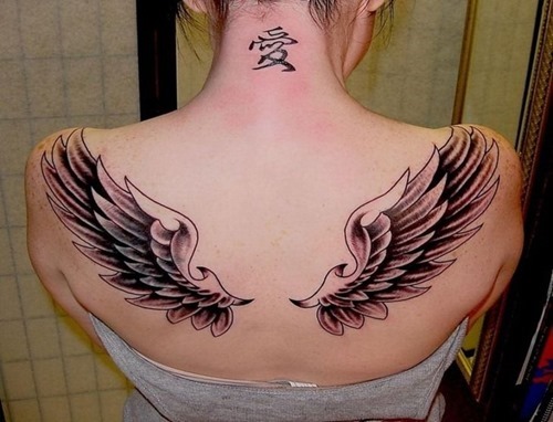 Grey Black Sheded Angel Wings Tattoo On Upper Back For Girls