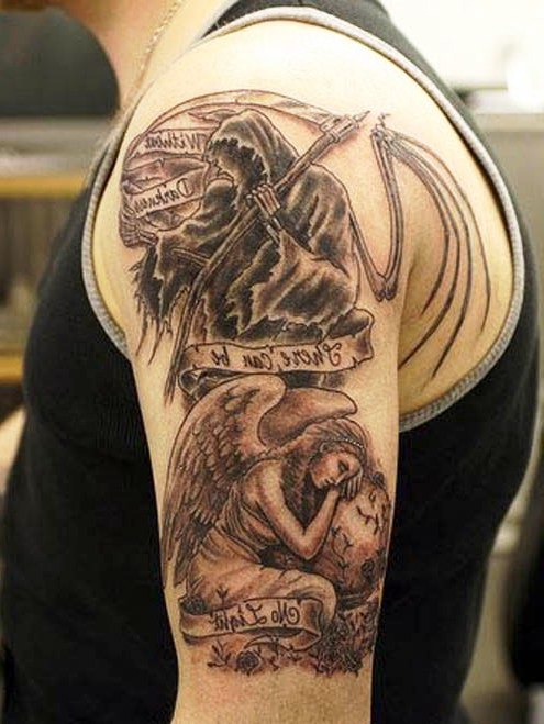 Grey Ink Angel & Death Angel Tattoo On Half Sleeve