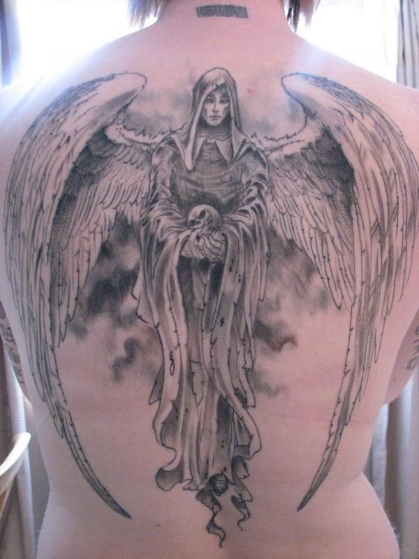 Grey Ink Angel Of Death Holding A Skull Tattoo On Full Back