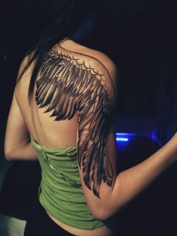 Grey Ink Angel Wing Tattoo On Back & Half Sleeve For Girls