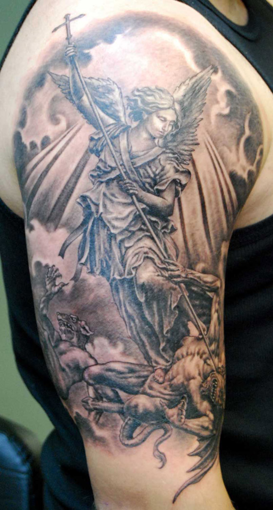 Grey Ink Fighting Angel Of Death Tattoo On Half Sleeve
