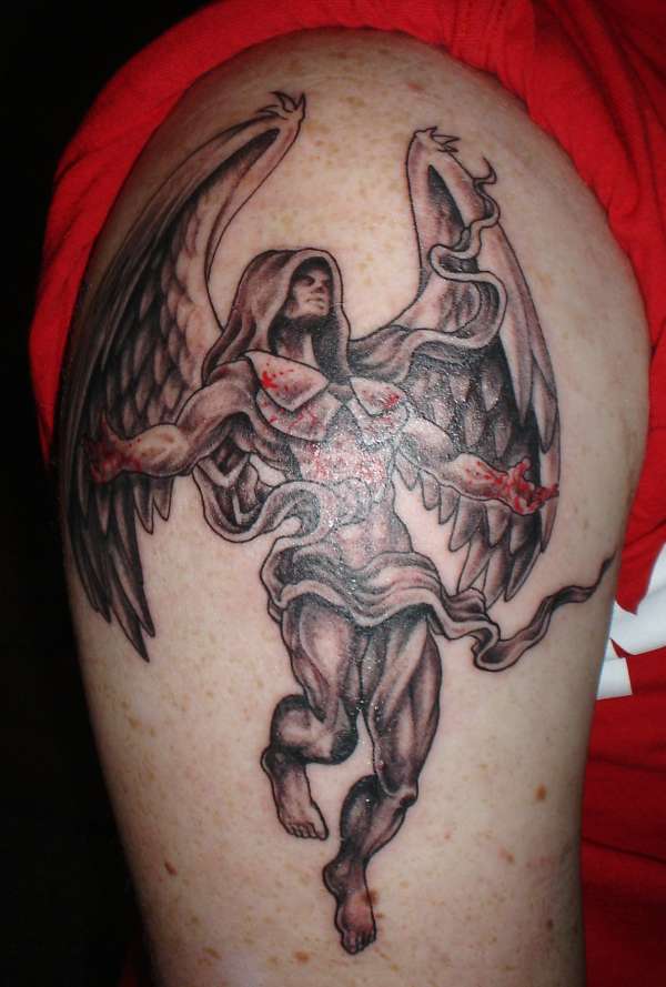Grey Ink Flying Angel Of Death With Blooded Hands Tattoo On Half Sleeve
