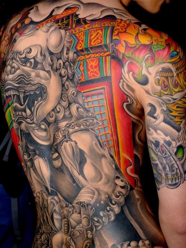 Grey Ink Japanese Lion With Colorful Background Tattoo On Full Back