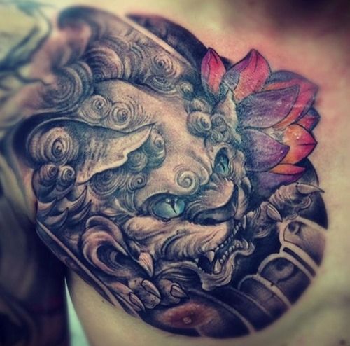 Grey Ink Japanese Lion With Colorful Flowers Tattoo on Right Chest